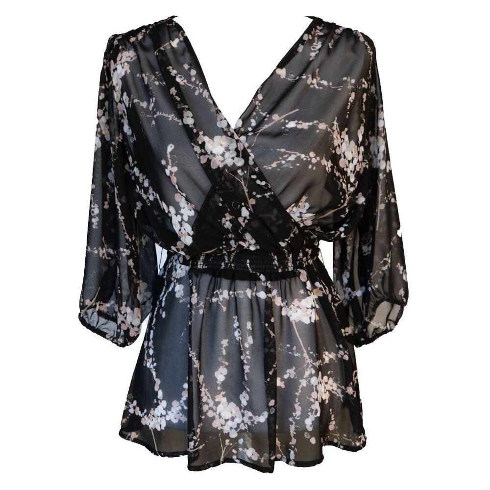 Express Sheer Baby Doll Top Black Blossom Print Feminine Balloon Sleeve Blouse